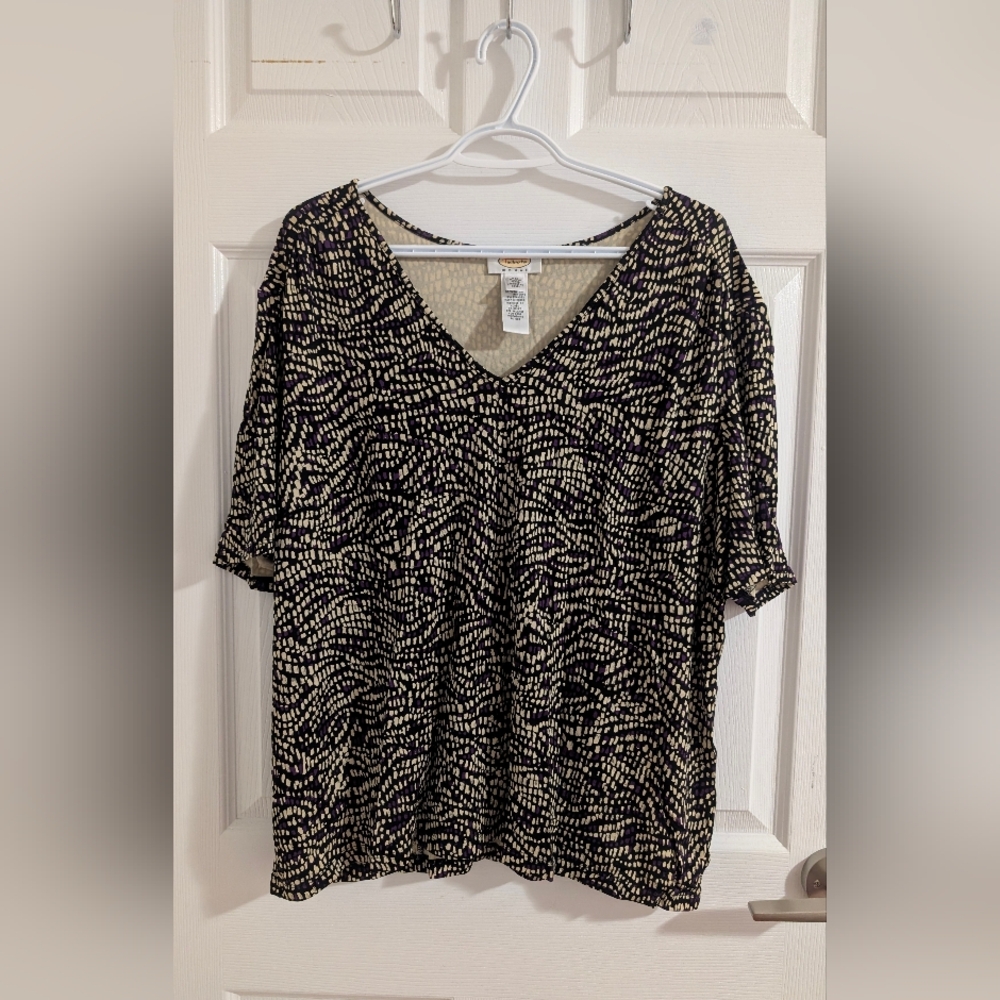 Talbots Woman Purple & Black Abstract Mosaic V-Neck Top Business Casual Size 2X